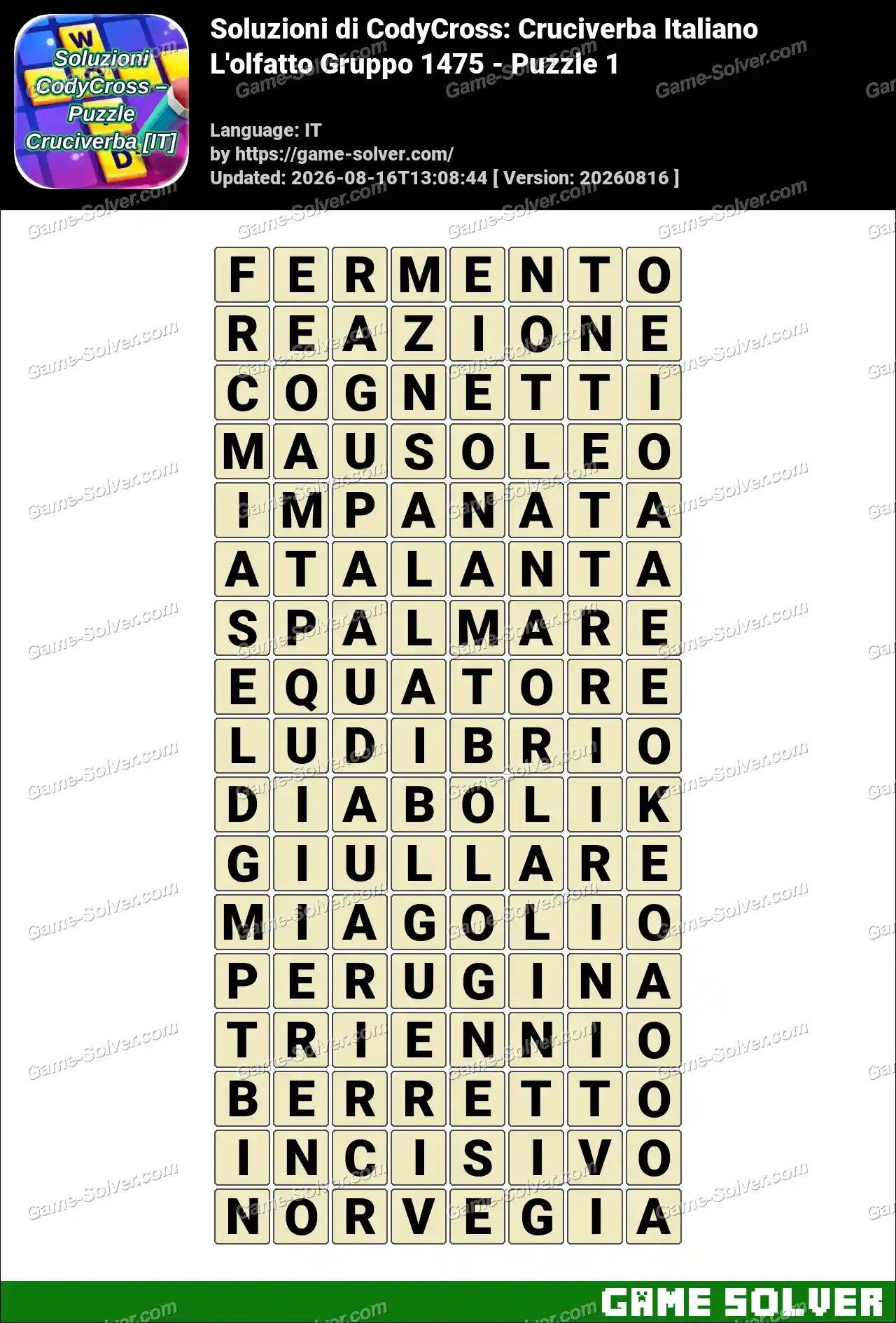 Soluzioni di CodyCross: Cruciverba Italiano L’olfatto Gruppo 1475 – Puzzle 1